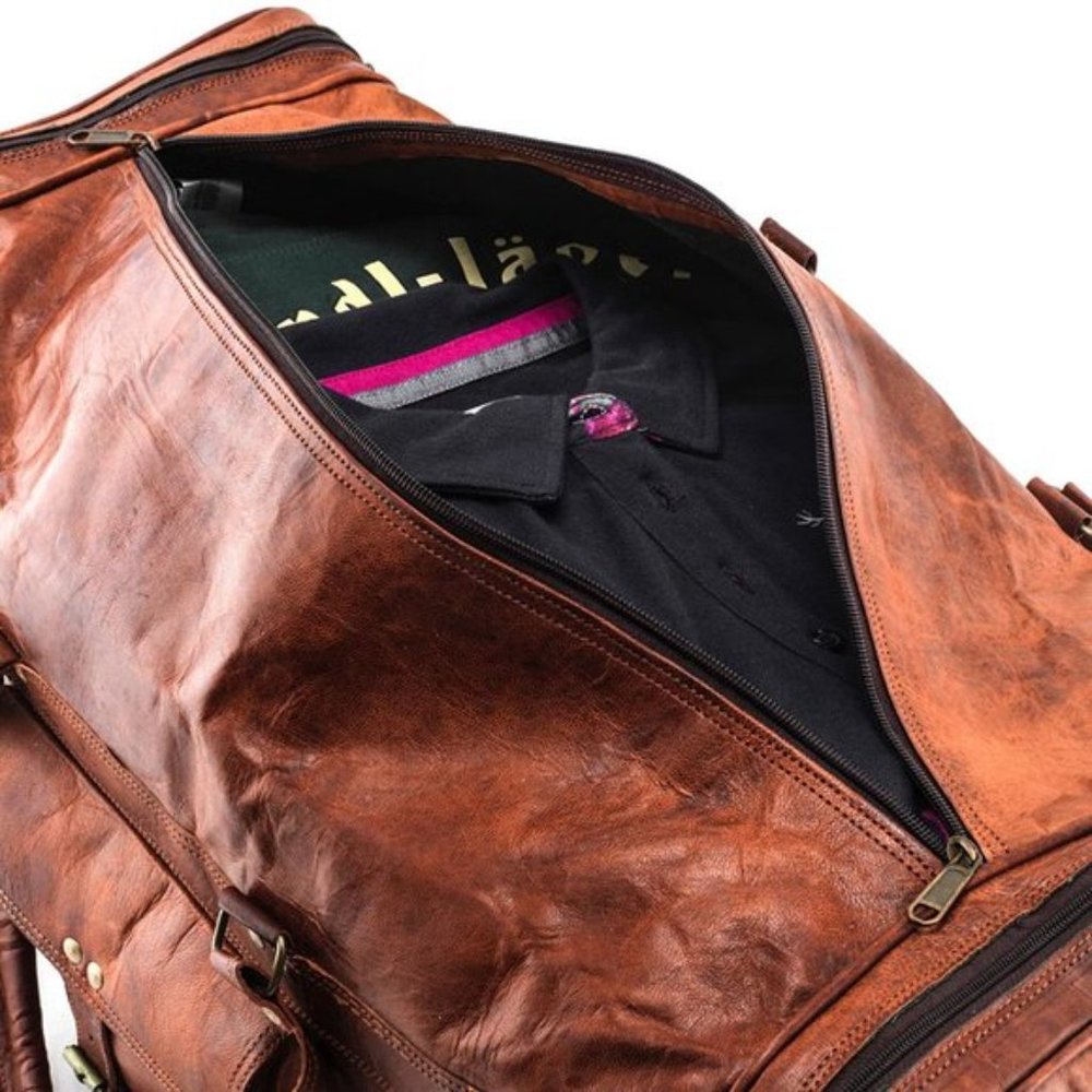 NEW Men's Vintage Brown Leather Goat Duffle Bag - Picture 3 of 8